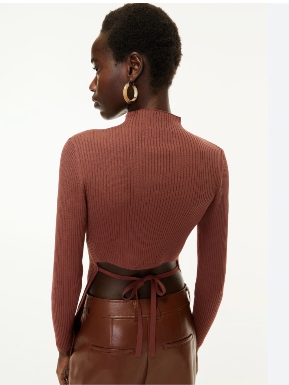 Babaton sculpt knit Ribbed Mock Neck Crop Top in Terracotta